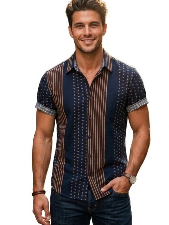 Vatpave Other - Vatpave Shirt Button Down Short Sleeve  Mens Polka dot and Stripe Navy Size M